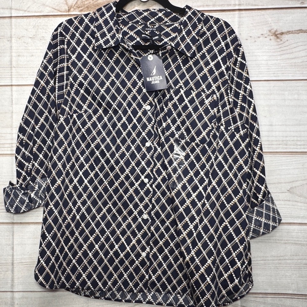 Nautica Jeans Co Womens Navy Diamond Dot Office Button Down Shirt‎ Classic Fit L
